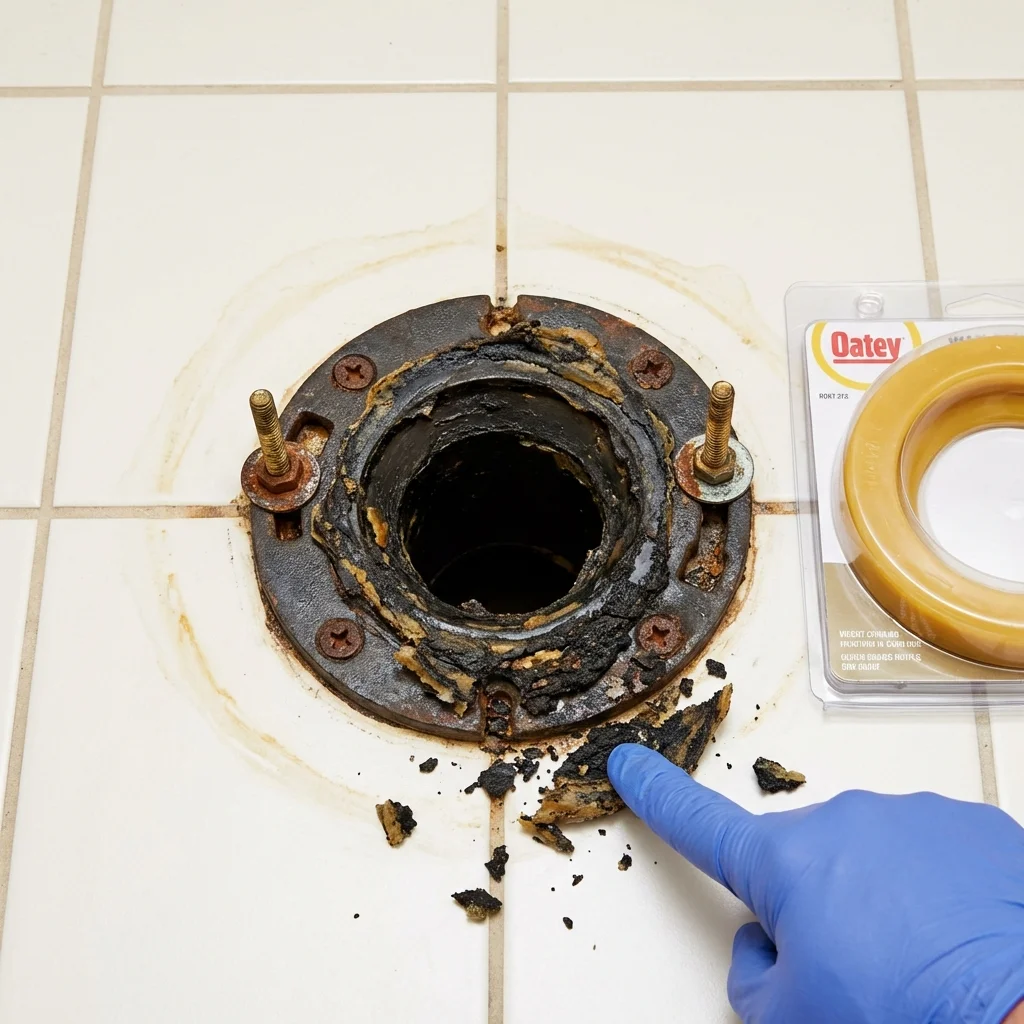 Failed wax ring showing water seepage at the base of a toilet in a Linden, TN home