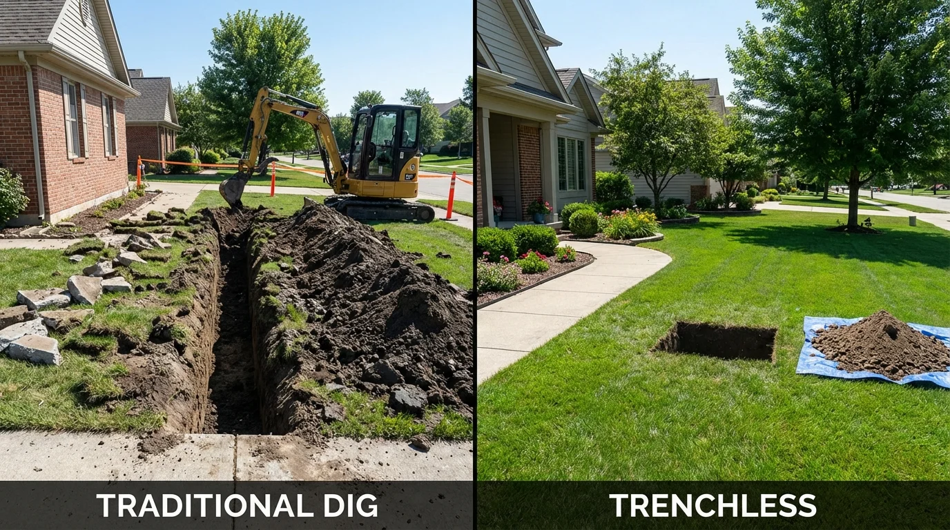 Trenchless sewer repair with minimal yard damage versus traditional excavation in Linden, TN