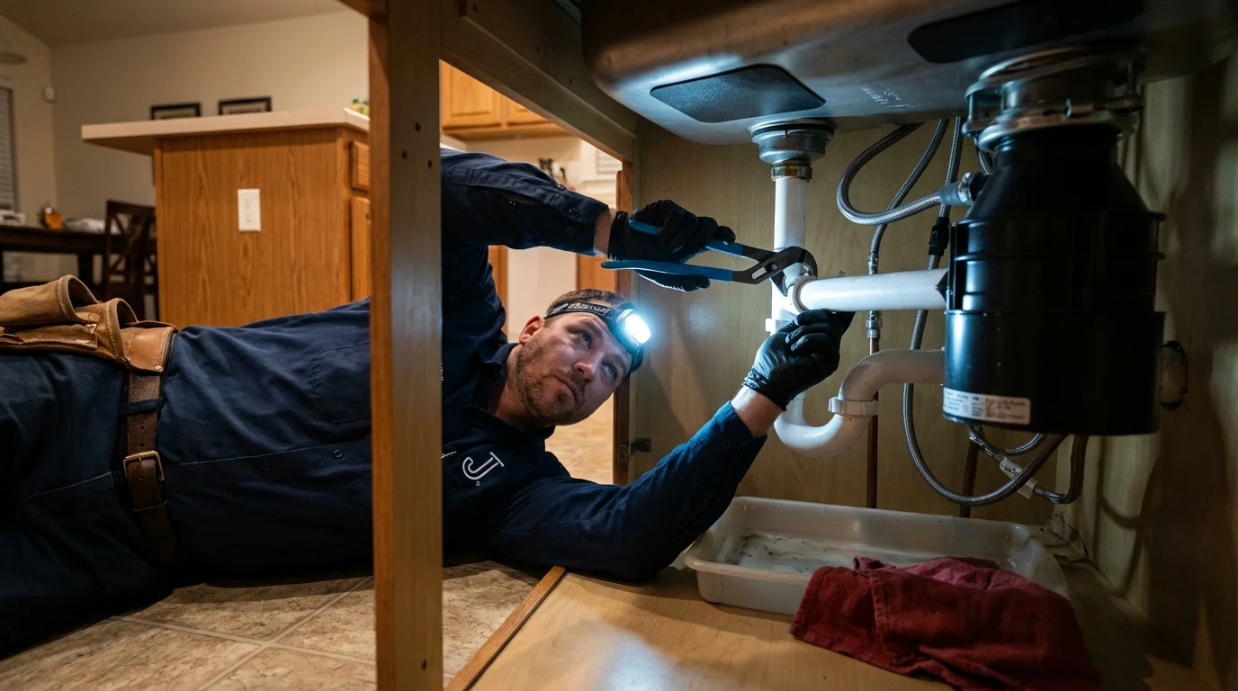 P-trap and supply line connections under a kitchen sink showing a common leak point in Linden, TN